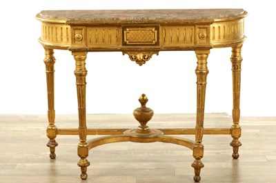Lot 1314 - A 19TH CENTURY FRENCH GILT GESSO BOW-FRONTED CONSOLE TABLE