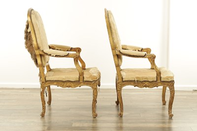 Lot 1207 - A FINE PAIR OF 18TH CENTURY CARVED GILTWOOD UPHOLSTERED ARMCHAIRS