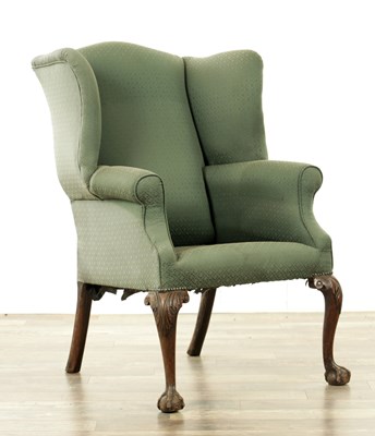 Lot A GOOD GEORGE III MAHOGANY WING BACK UPHOLSTERED ARMCHAIR
