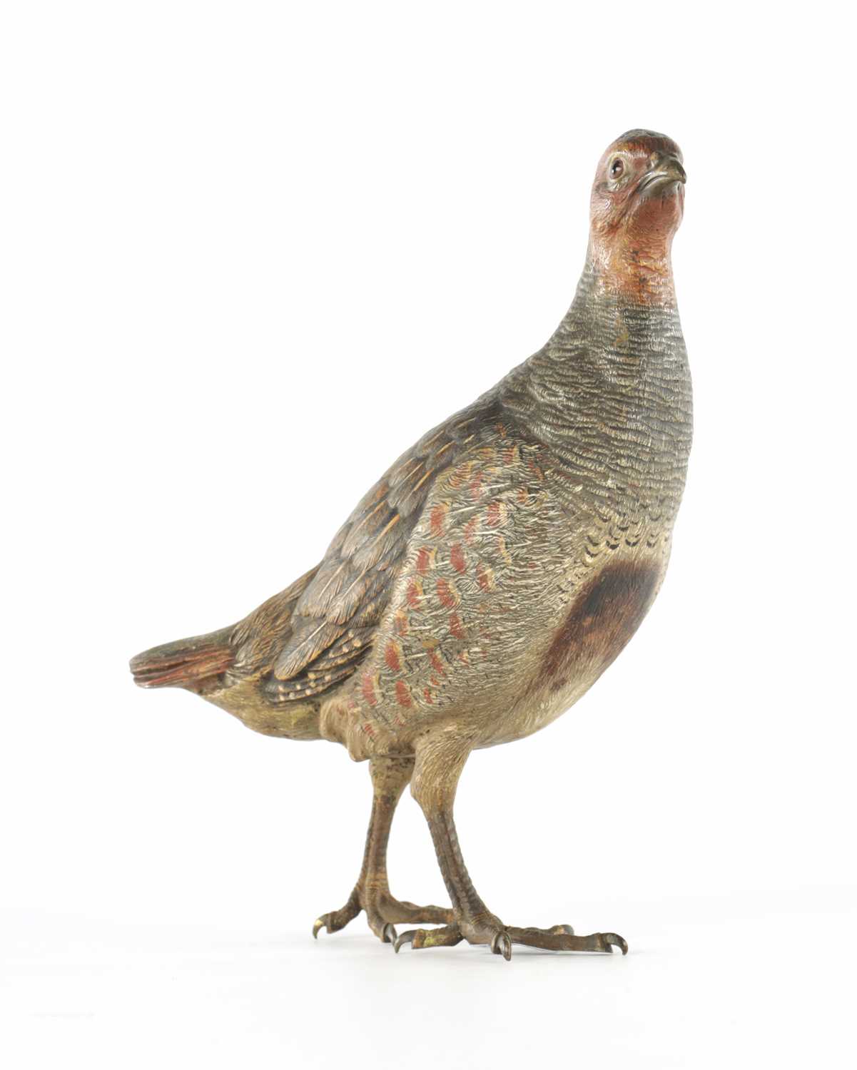 Lot 674 - FRANZ BERGMAN. A LATE 19TH CENTURY LIFE-SIZE COLD PAINTED BRONZE SCULPTURE OF A PARTRIDGE