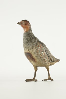 Lot 674 - FRANZ BERGMAN. A LATE 19TH CENTURY LIFE-SIZE COLD PAINTED BRONZE SCULPTURE OF A PARTRIDGE