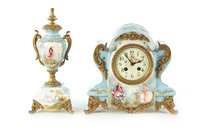 Lot 1053 - A LATE 19TH CENTURY FRENCH SEVRES STYLE PORCELAIN MANTEL CLOCK GARNITURE