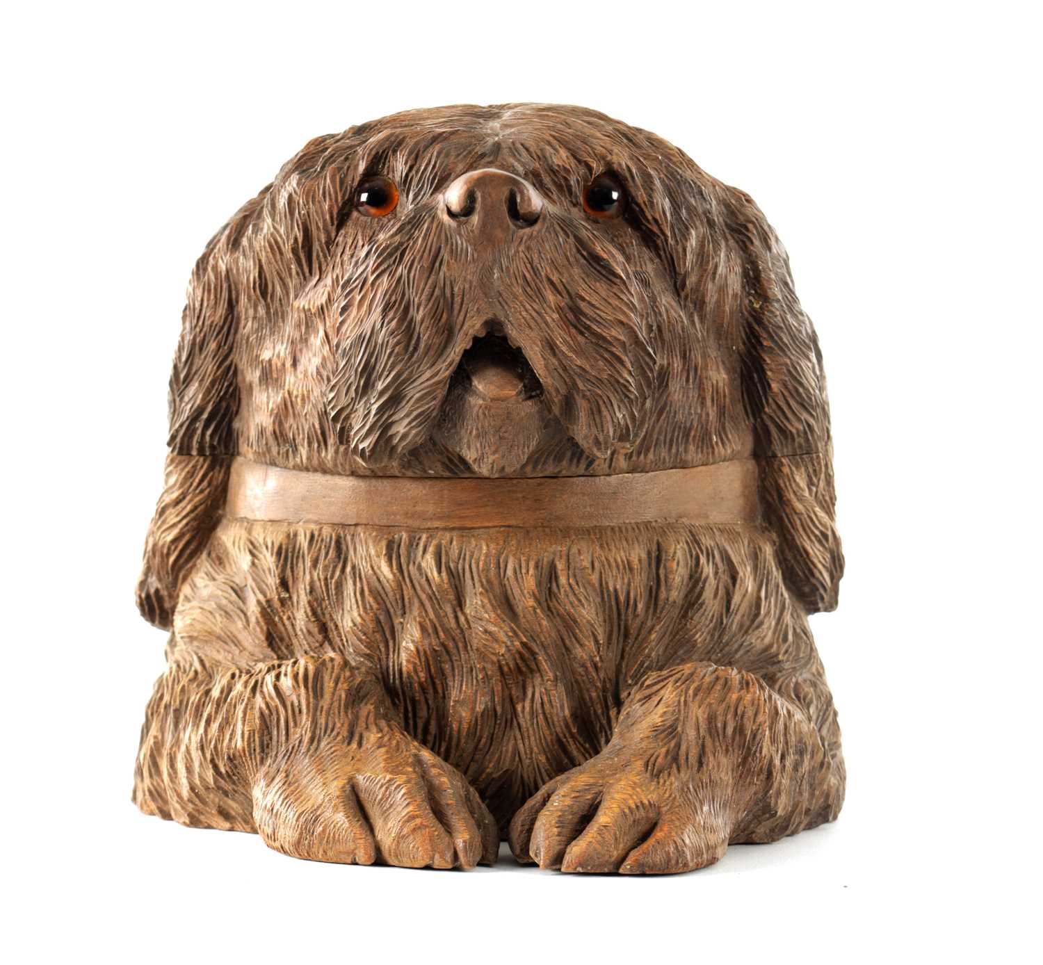 Lot 752 - A LARGE 19TH CENTURY BLACK FOREST CARVED LINDEN WOOD MUSICAL DOGS HEAD TABACCO BOX