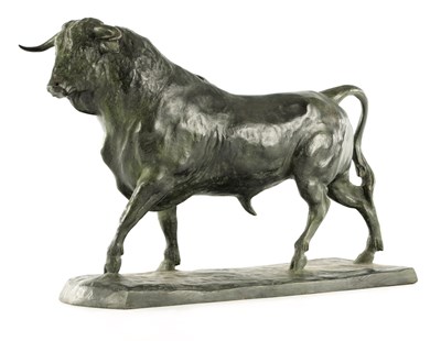 Lot ATT. TO MARIANO BENLLIURE. A LARGE EARLY 20TH CENTURY PATINATED BRONZE SCULPTURE OF A SPANISH BULL DATED 1923