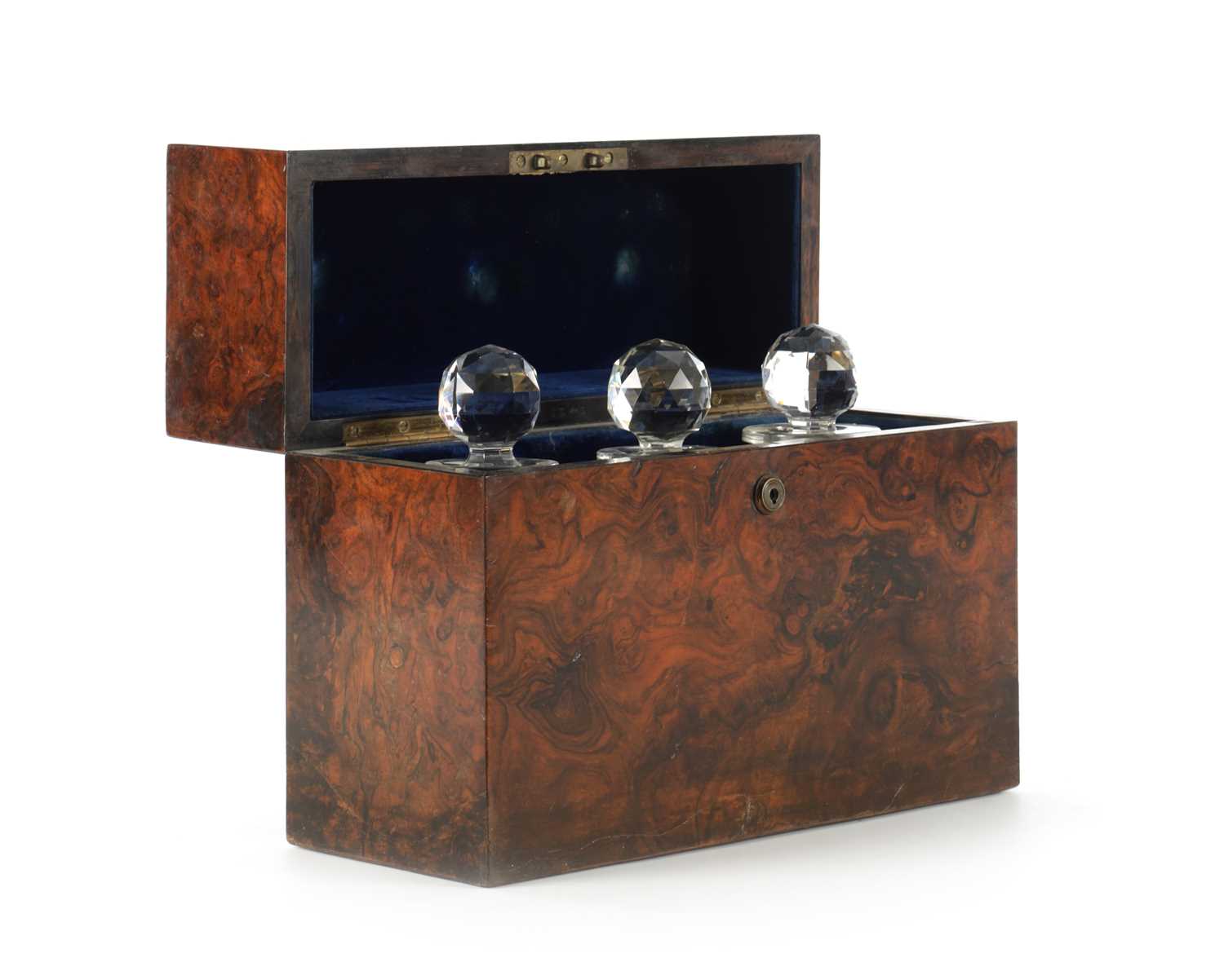 Lot 705 - A 19TH CENTURY BUR WALNUT LIDDED DECANTER BOX