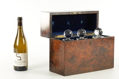 Lot 705 - A 19TH CENTURY BUR WALNUT LIDDED DECANTER BOX