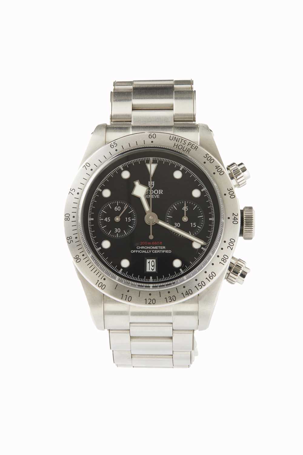 Lot 330 - A GENTLEMAN'S STEEL TUDOR BLACK BAY CHRONOGRAPH WRISTWATCH