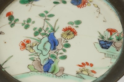 Lot 118 - A JAPANESE PORCELAIN FAMILLE ROSE BOWL ENCASED IN A PEWTER FRAME