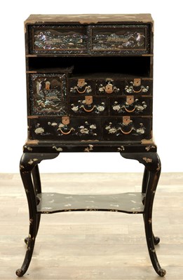 Lot 179 - A JAPANESE MEIJI PERIOD LACQUERWORK AND MOTHER OF PEARL INLAID COLLECTORS CABINET