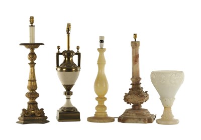 Lot A COLLECTION OF FIVE ALABASTER AND GILT BRASS TABLE LAMPS