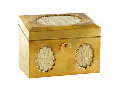 Lot 543 - A 19TH CENTURY GILT BRASS STATIONARY BOX WITH DECORATIVE MAMMOTH TOOTH INLAYS