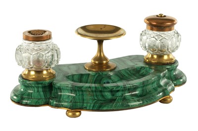 Lot 542 - A 19TH CENTURY FRENCH MALACHITE AND ORMOLU INK STAND