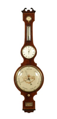 Lot 942 - A. BARNASCHINA, GRAVESEND. A LARGE REGENCY FIGURED MAHOGANY BAROMETER WITH EIGHT DAY FUSEE CLOCK