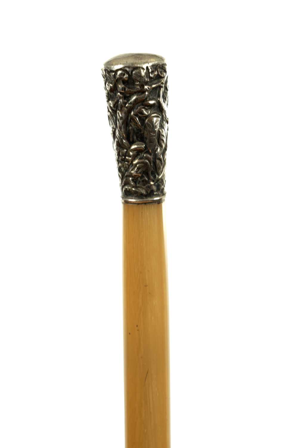 Lot 798 - A 19TH CENTURY EASTERN SILVER TOPPED RHINOCEROS HORN WALKING CANE