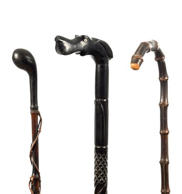 Lot 809 - THREE 19TH CENTURY HARDWOOD AND BAMBOO WALKING STICKS
