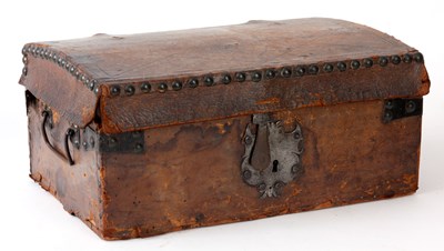 Lot 434 - AN 18TH CENTURY STUDDED AND IRON BOUND LEATHER...