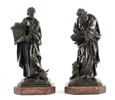 Lot 585 - A PAIR OF LATE 19TH CENTURY FRENCH PATINATED BRONZE FIGURES OF SAINT MARK AND SAINT LUKE ON ROUGE MARBLE BASES