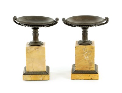 Lot 541 - A PAIR OF 19TH CENTURY FRENCH BRONZE AND SIENNA MARBLE TAZZAS