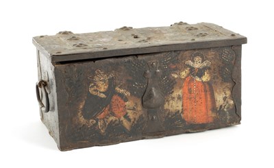 Lot 628 - A 17TH CENTURY GERMAN PAINTED IRON STRONG BOX