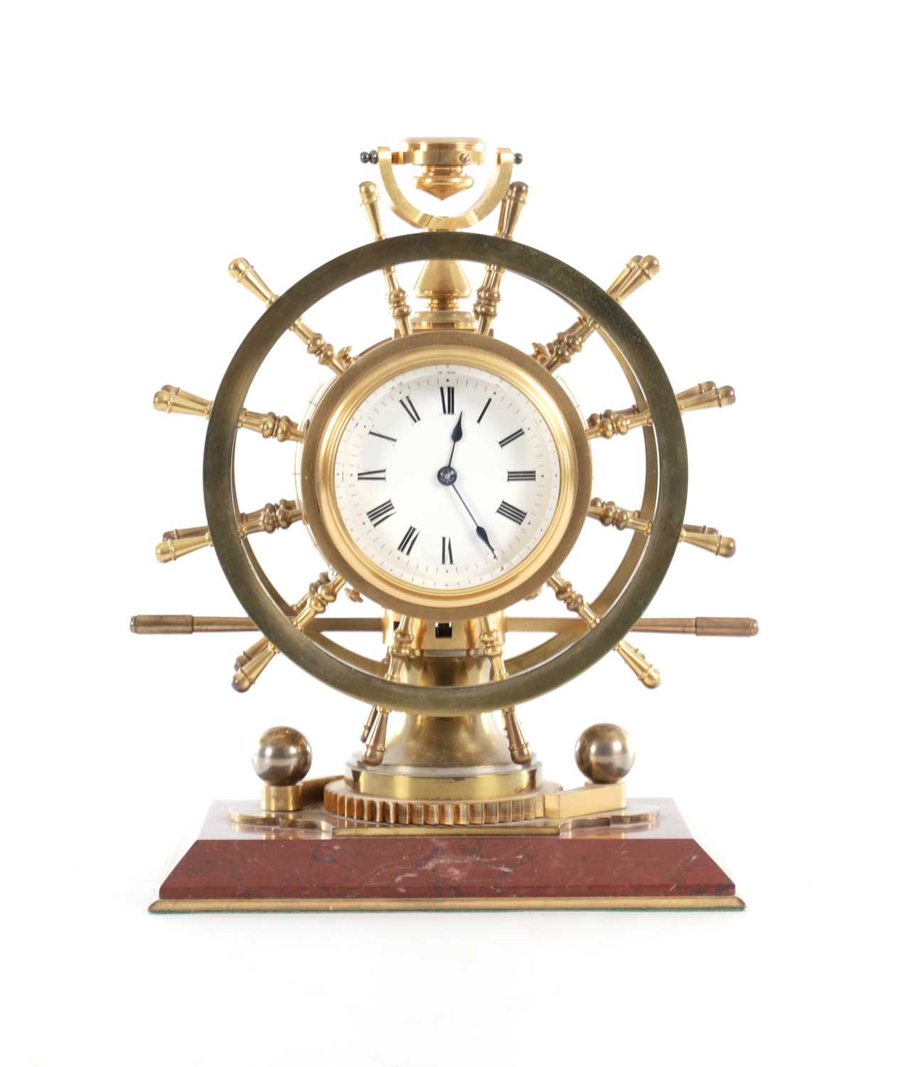 Lot 970 - A LATE 19TH CENTURY FRENCH INDUSTRIAL GILT BRASS AND ROUGE MARBLE MARITIME CLOCK COMPENDIUM