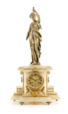 Lot 1106 - A LATE 19TH CENTURY FRENCH GILT BRONZE AND ALABASTER FIGURAL MYSTERY CLOCK