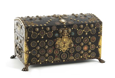Lot 570 - A 19TH CENTURY CONTINENTAL LEATHER-COVERED AND STUDDED CASKET