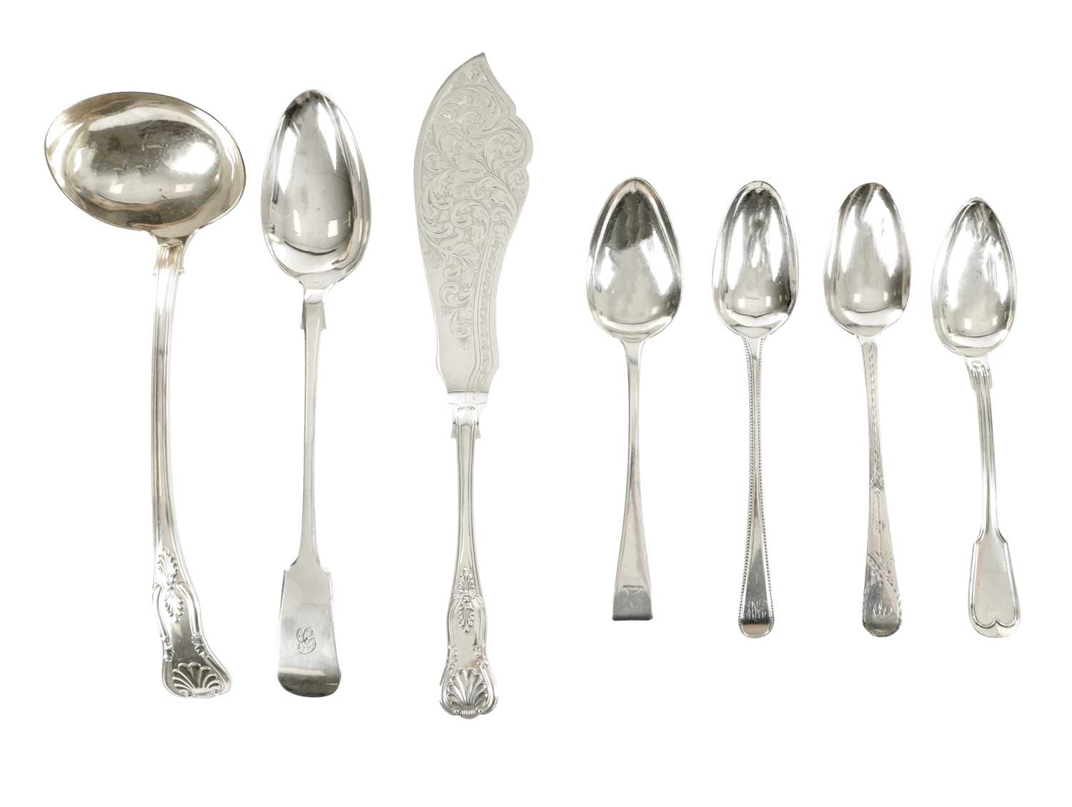 Lot 189 - THREE GEORGIAN SILVER TABLE SPOONS, ONE CONTINENTAL TABLE SPOON, A SILVER PLATED BASTING SPOON, FISH SLICE AND SOUP LADLE