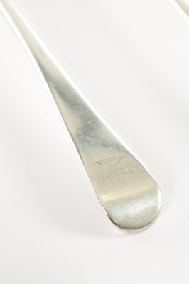 Lot 189 - THREE GEORGIAN SILVER TABLE SPOONS, ONE CONTINENTAL TABLE SPOON, A SILVER PLATED BASTING SPOON, FISH SLICE AND SOUP LADLE