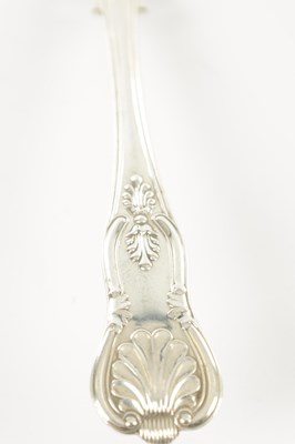 Lot 189 - THREE GEORGIAN SILVER TABLE SPOONS, ONE CONTINENTAL TABLE SPOON, A SILVER PLATED BASTING SPOON, FISH SLICE AND SOUP LADLE