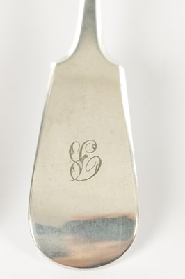 Lot 189 - THREE GEORGIAN SILVER TABLE SPOONS, ONE CONTINENTAL TABLE SPOON, A SILVER PLATED BASTING SPOON, FISH SLICE AND SOUP LADLE