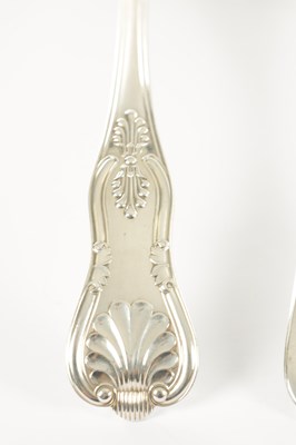 Lot 189 - THREE GEORGIAN SILVER TABLE SPOONS, ONE CONTINENTAL TABLE SPOON, A SILVER PLATED BASTING SPOON, FISH SLICE AND SOUP LADLE