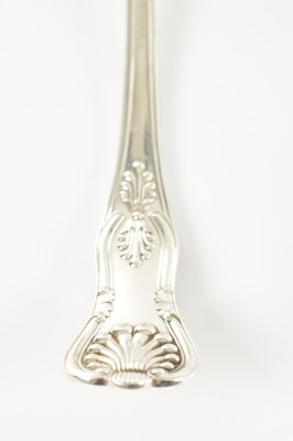 Lot 189 - THREE GEORGIAN SILVER TABLE SPOONS, ONE CONTINENTAL TABLE SPOON, A SILVER PLATED BASTING SPOON, FISH SLICE AND SOUP LADLE