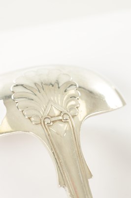 Lot 189 - THREE GEORGIAN SILVER TABLE SPOONS, ONE CONTINENTAL TABLE SPOON, A SILVER PLATED BASTING SPOON, FISH SLICE AND SOUP LADLE