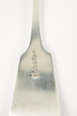 Lot 189 - THREE GEORGIAN SILVER TABLE SPOONS, ONE CONTINENTAL TABLE SPOON, A SILVER PLATED BASTING SPOON, FISH SLICE AND SOUP LADLE