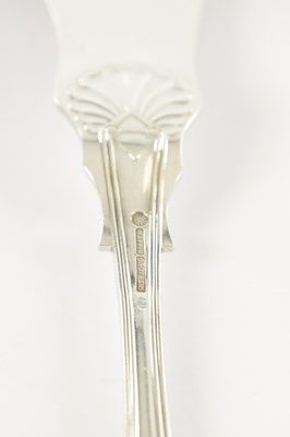 Lot 189 - THREE GEORGIAN SILVER TABLE SPOONS, ONE CONTINENTAL TABLE SPOON, A SILVER PLATED BASTING SPOON, FISH SLICE AND SOUP LADLE