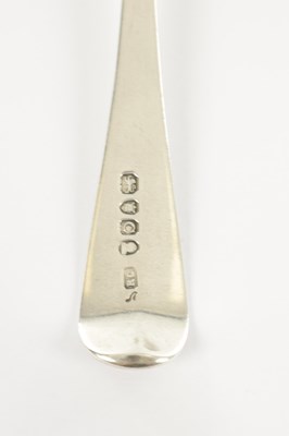 Lot 189 - THREE GEORGIAN SILVER TABLE SPOONS, ONE CONTINENTAL TABLE SPOON, A SILVER PLATED BASTING SPOON, FISH SLICE AND SOUP LADLE