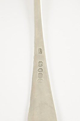 Lot 189 - THREE GEORGIAN SILVER TABLE SPOONS, ONE CONTINENTAL TABLE SPOON, A SILVER PLATED BASTING SPOON, FISH SLICE AND SOUP LADLE