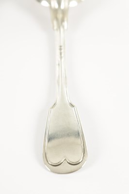 Lot 189 - THREE GEORGIAN SILVER TABLE SPOONS, ONE CONTINENTAL TABLE SPOON, A SILVER PLATED BASTING SPOON, FISH SLICE AND SOUP LADLE
