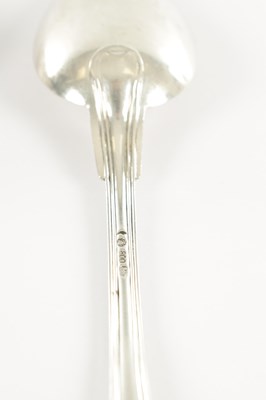 Lot 189 - THREE GEORGIAN SILVER TABLE SPOONS, ONE CONTINENTAL TABLE SPOON, A SILVER PLATED BASTING SPOON, FISH SLICE AND SOUP LADLE