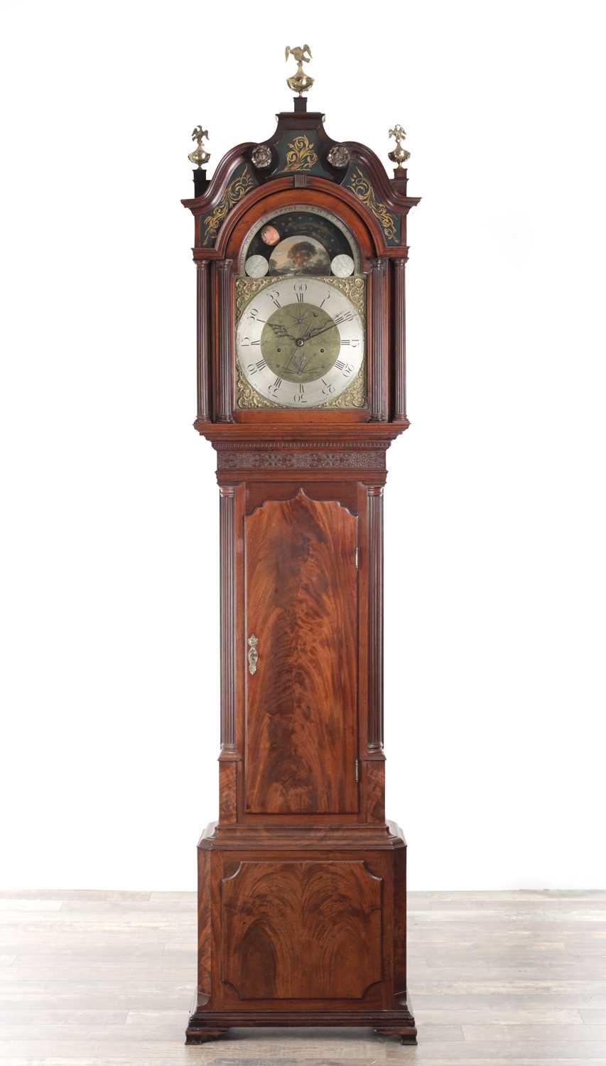 Lot 973 - BARRY, LEIGH. A RARE GEORGE III FIGURED MAHOGANY SPHERICAL MOON LONGCASE CLOCK