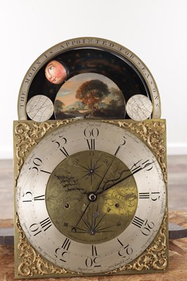 Lot 973 - BARRY, LEIGH. A RARE GEORGE III FIGURED MAHOGANY SPHERICAL MOON LONGCASE CLOCK
