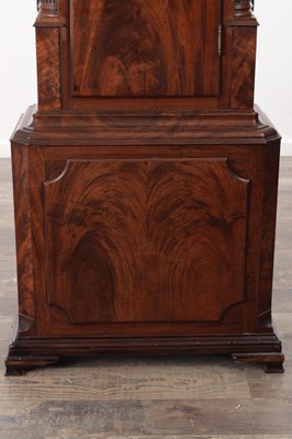 Lot 973 - BARRY, LEIGH. A RARE GEORGE III FIGURED MAHOGANY SPHERICAL MOON LONGCASE CLOCK