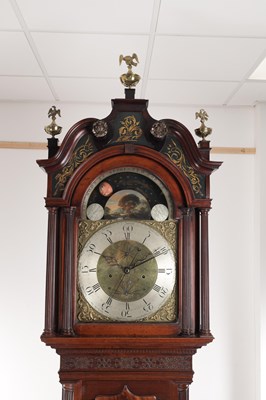 Lot 973 - BARRY, LEIGH. A RARE GEORGE III FIGURED MAHOGANY SPHERICAL MOON LONGCASE CLOCK