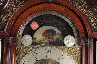 Lot 973 - BARRY, LEIGH. A RARE GEORGE III FIGURED MAHOGANY SPHERICAL MOON LONGCASE CLOCK
