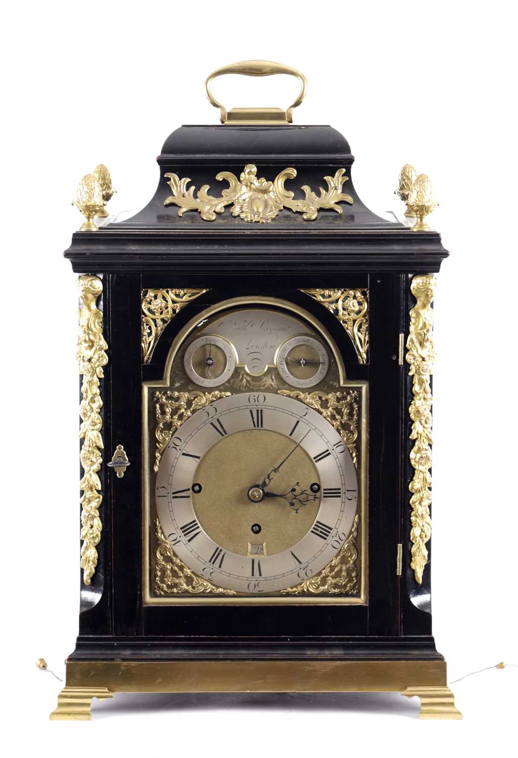 Lot 1044 - NATHANIAL SERGEANT, LONDON. A GEORGE III ORMOLU MOUNTED MUSICAL VERGE BRACKET CLOCK