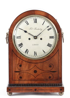 Lot 943 - FRANCIS SINDERBY, LEWES. A REGENCY MAHOGANY ARCH TOPPED BRACKET CLOCK