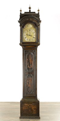 Lot 1084 - GEORGE BRUCE, LONDON. AN 18TH-CENTURY LACQUERED CHINOISERIE DECORATED EIGHT-DAY LONGCASE CLOCK