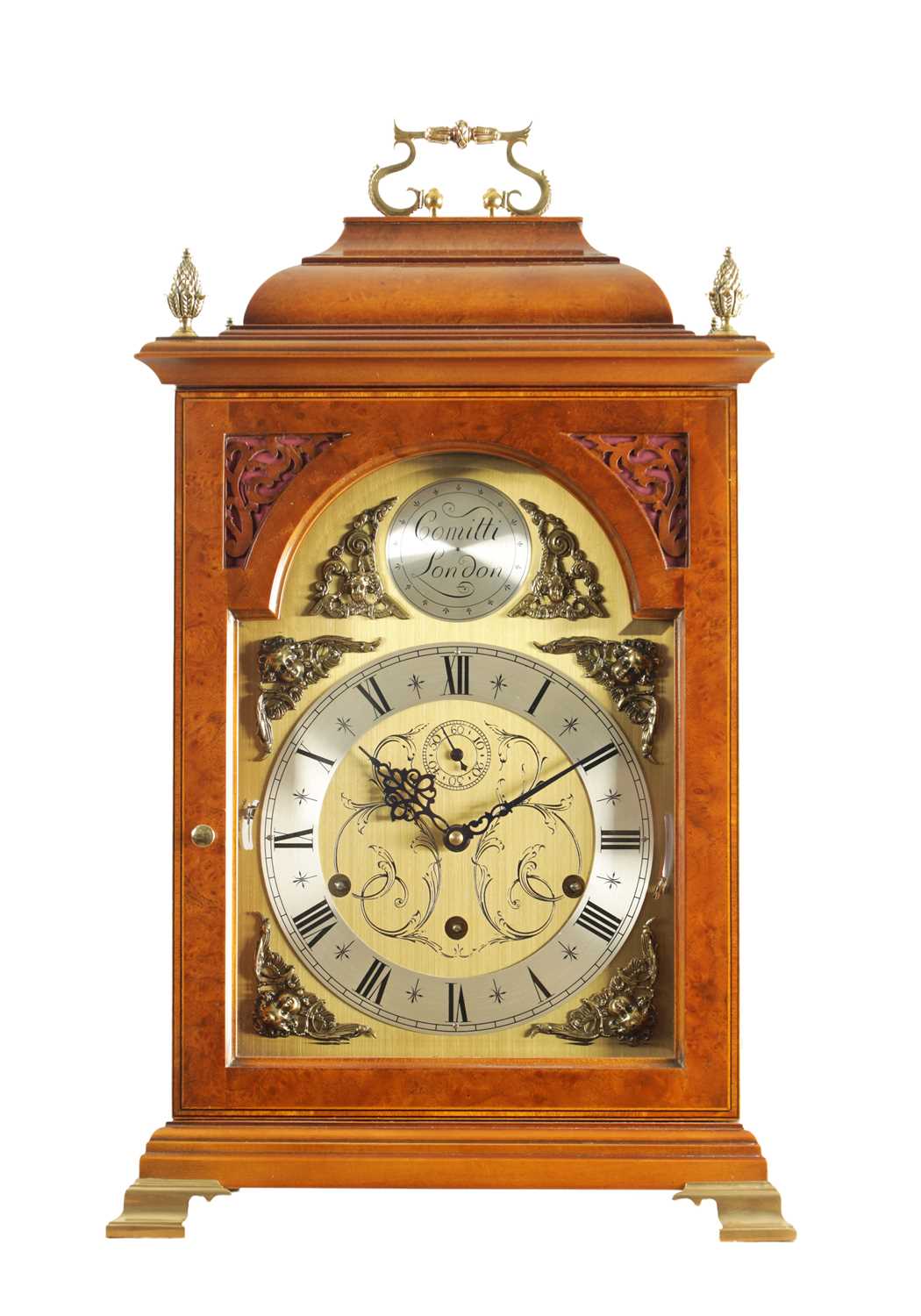 Lot 1055 - COMMITTI, LONDON. A LATE 20TH CENTURY "QUEEN ANNE" QUARTER CHIMING BURR WALNUT BRACKET CLOCK