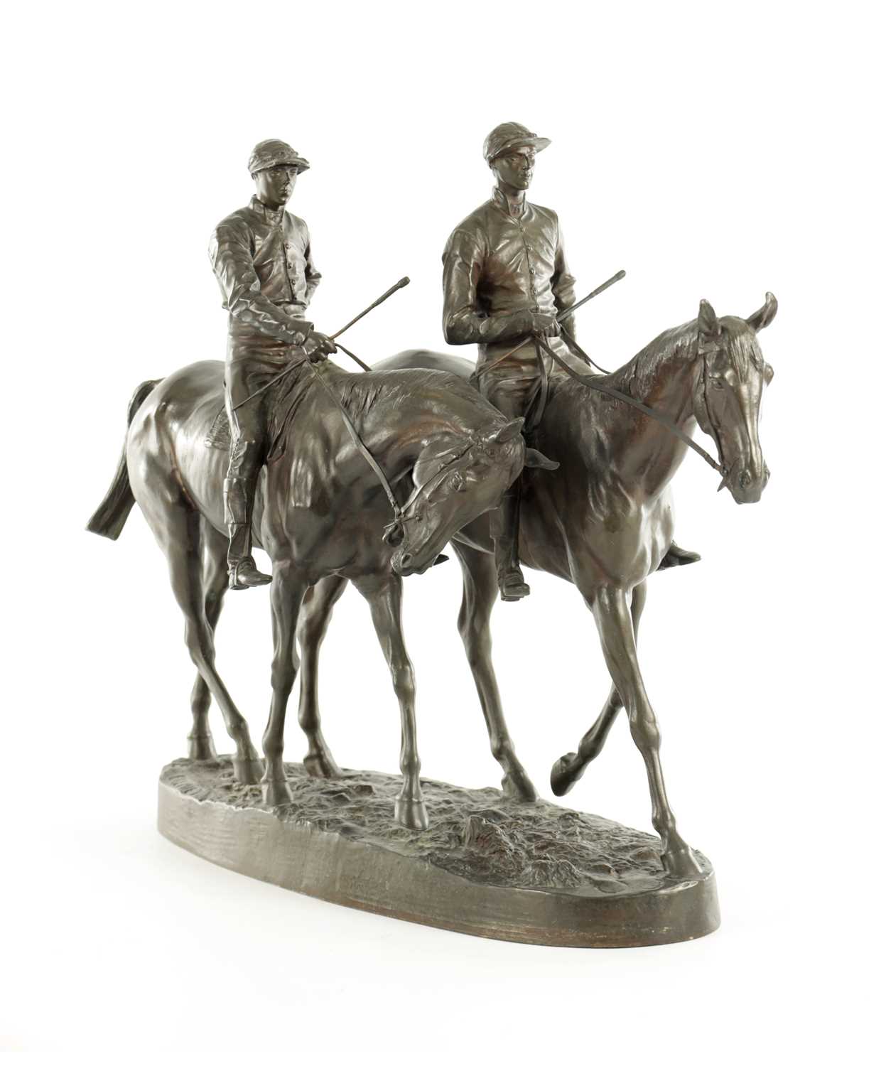 Lot 553 - EMMANUEL FREMIET (1824 - 1910) A FINE 19TH CENTURY BRONZE SCULPTURE OF TWO RACE HORSES WITH JOCKEYS