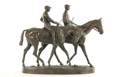 Lot 553 - EMMANUEL FREMIET (1824 - 1910) A FINE 19TH CENTURY BRONZE SCULPTURE OF TWO RACE HORSES WITH JOCKEYS